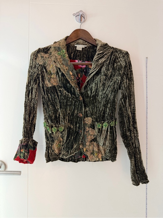 Alberto Makali Jackets & Blazers - Alberto Makali Olive Green Crinkle Crushed Velvet Embroidery Embellished Blazer
